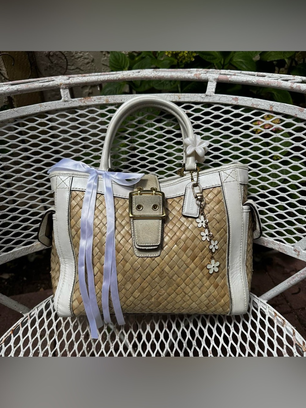 Cream Coach Wicker Handbag